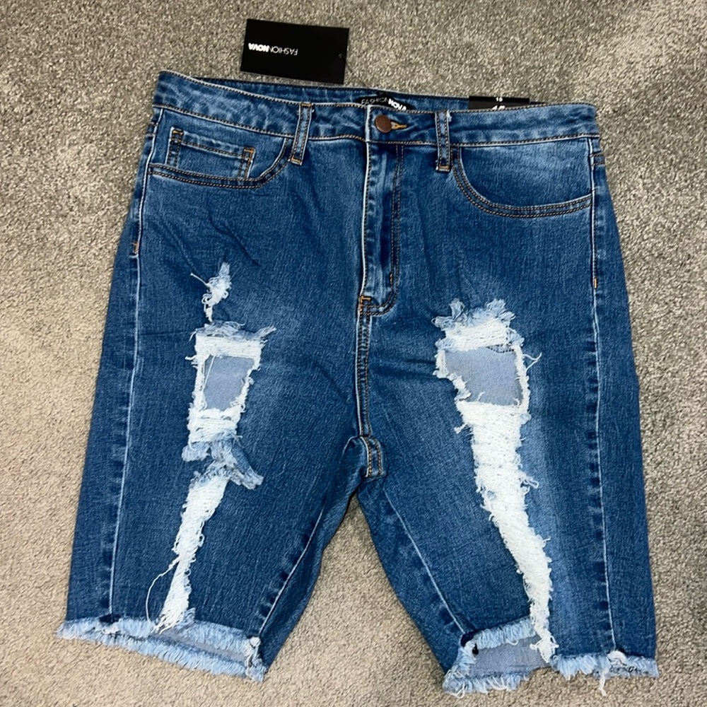 Ripped Mid-Blue Denim Bermuda Shorts - Women Jeans